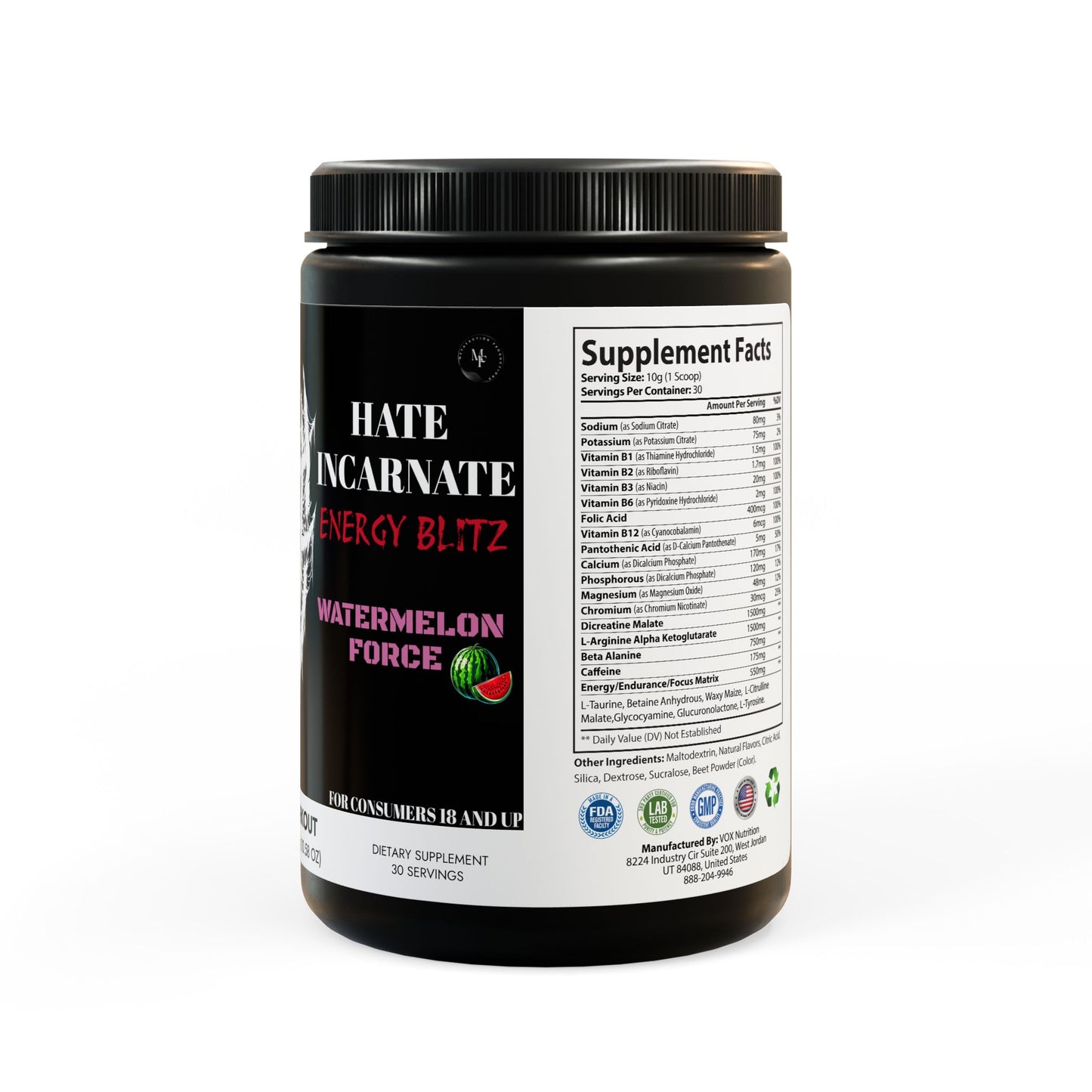 Hate Incarnate ENERGY BLITZ Pre-Workout Supplement, Watermelon (300g, 10.58oz)